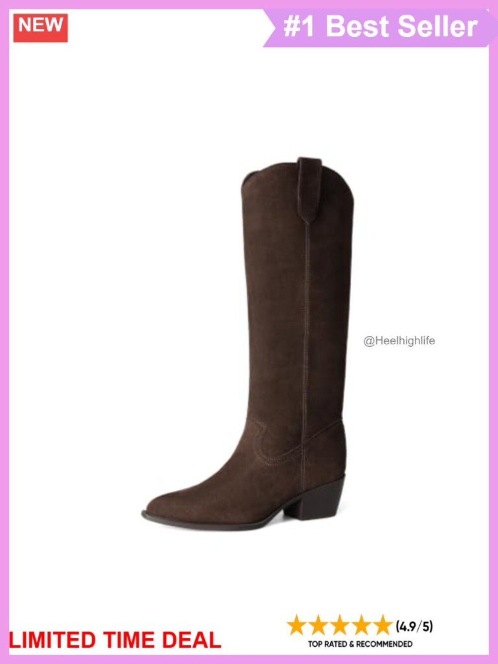 Suede Blend Knee High Western Boots Pointed Toe Block Heel Pull On